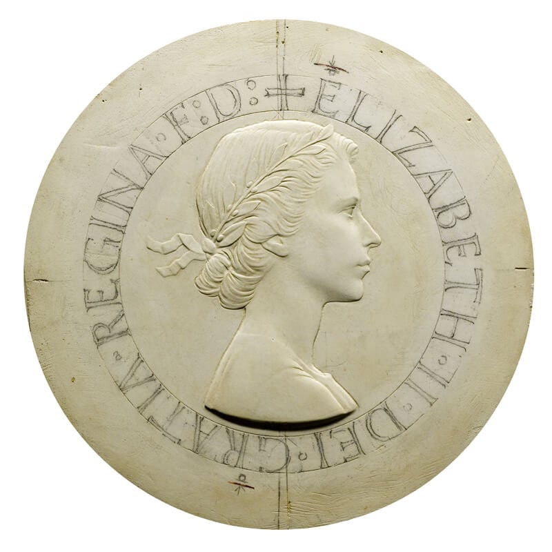 Plaster model featuring Mary Gillick's portrait of Queen Elizabeth II