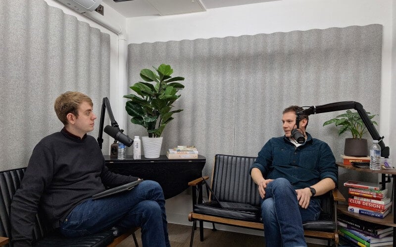 Daniel Rignall being interviewed by Chris Barker in a recording studio