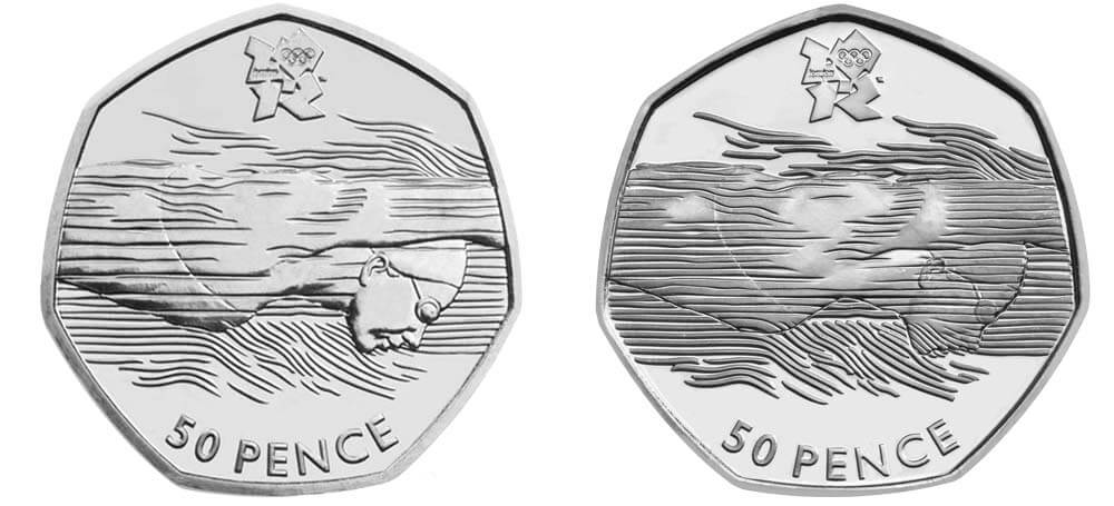 Two fifty pence pieces celebrating the aquatic events in the Olympics 2012. They are side by side. One has a picture of a swimmer with waves obscuring their face and on the other the waves are behind the swimmer leaving the face clear.