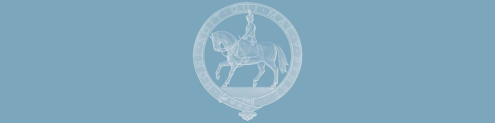 A sky blue banner with a graphic image of Queen Elizabeth II riding a horse