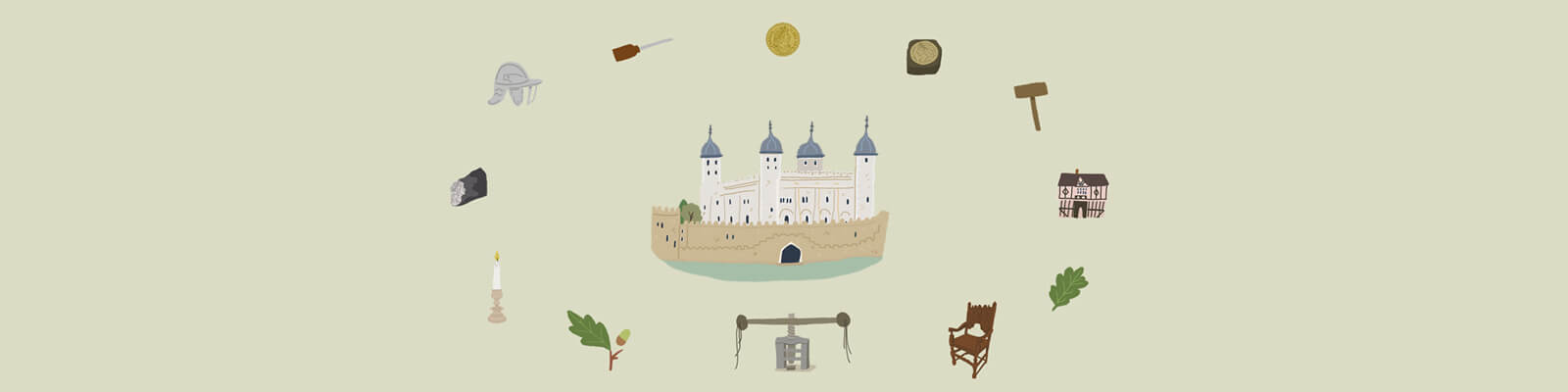 A cartoon image of the Tower of London surrounded by coins and minting equipment