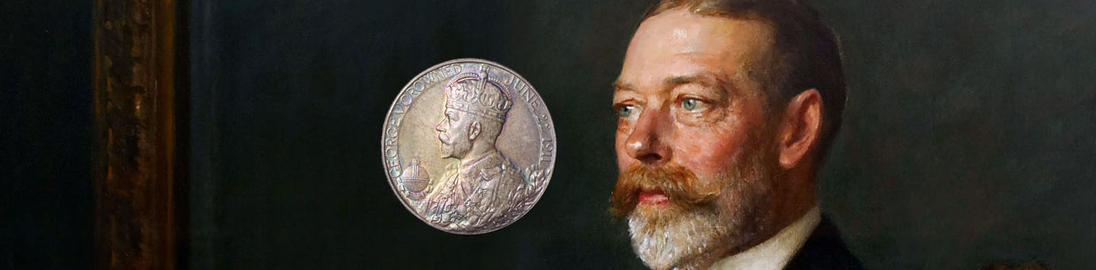 A close up of a portrait of George V focussing on his face with his coronation medal overlayed next to him