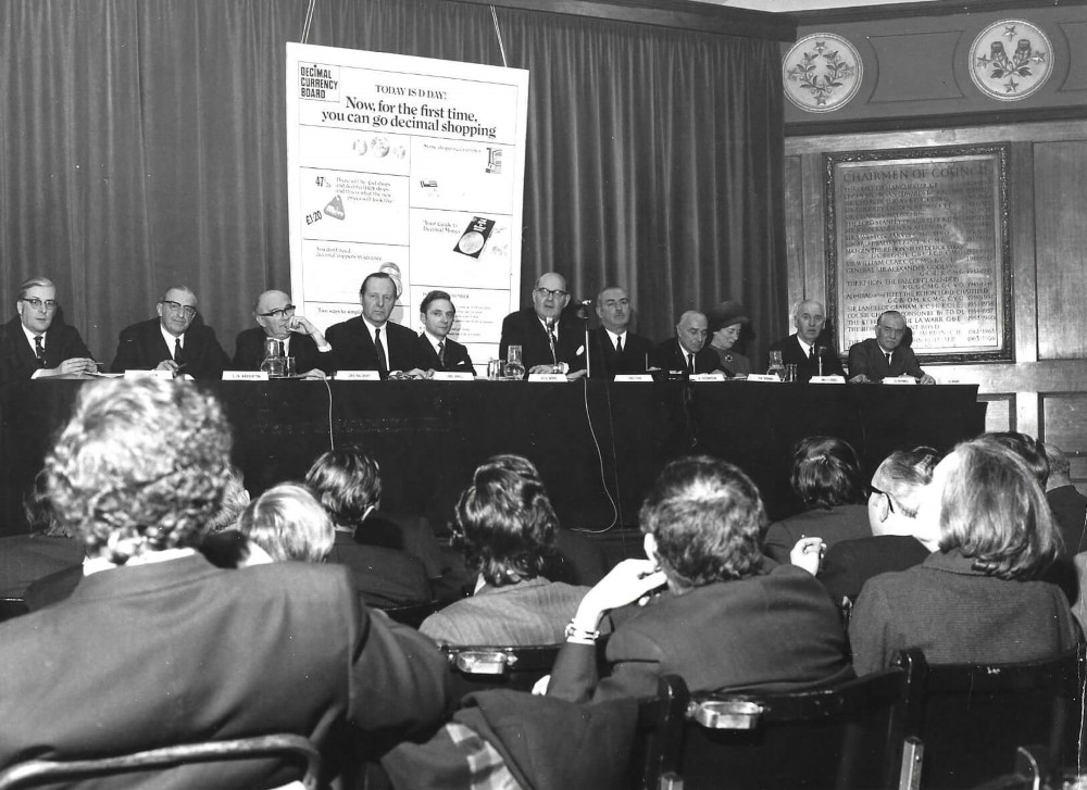Decimal Currency Board Press Conference, D Day, 15 February 1971. Noel Moore, Secretary, 5th from left. Lord Fiske, Chair, 6th from left.jpg
