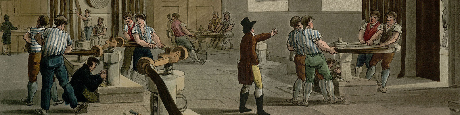 An early 19th century colour print of the Coin Press Room at The Royal Mint in London