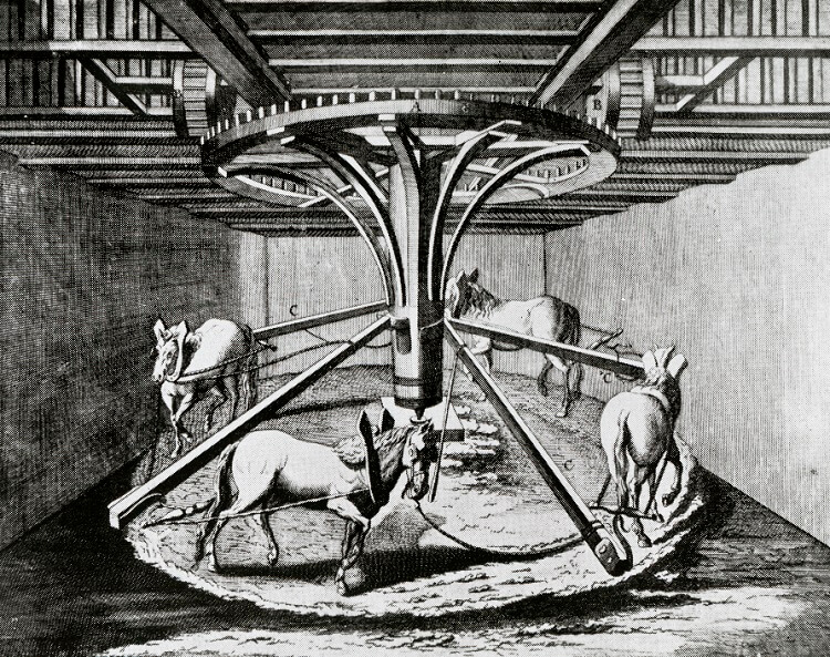 Horses driving a rolling mill