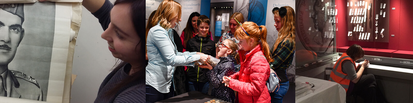 A series of images of Museum staff working with objects and interacting with the public in the Royal Mint Experience