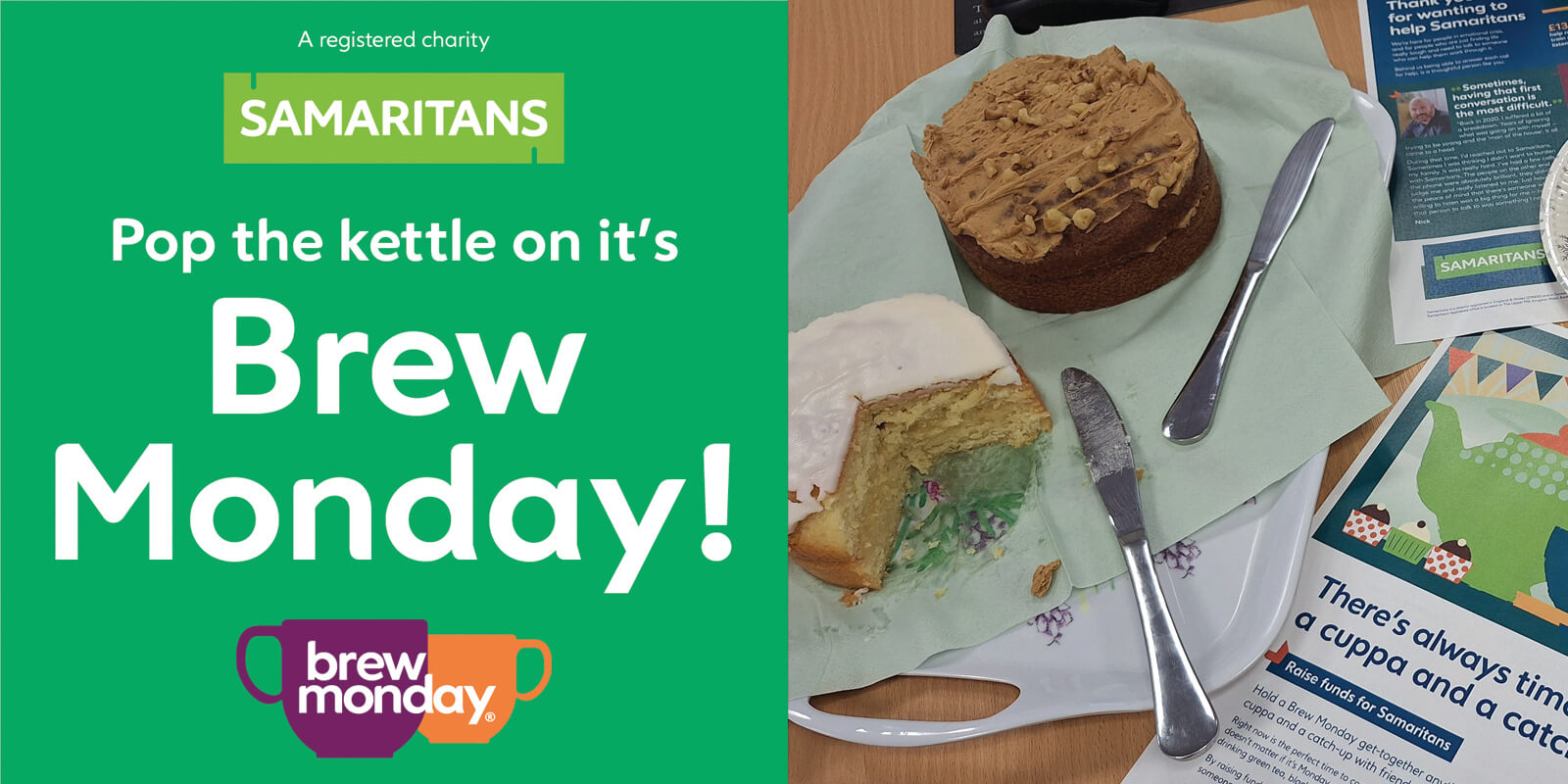 Brew Monday promotional poster and a picture of cakes on a desk in the Museum Office