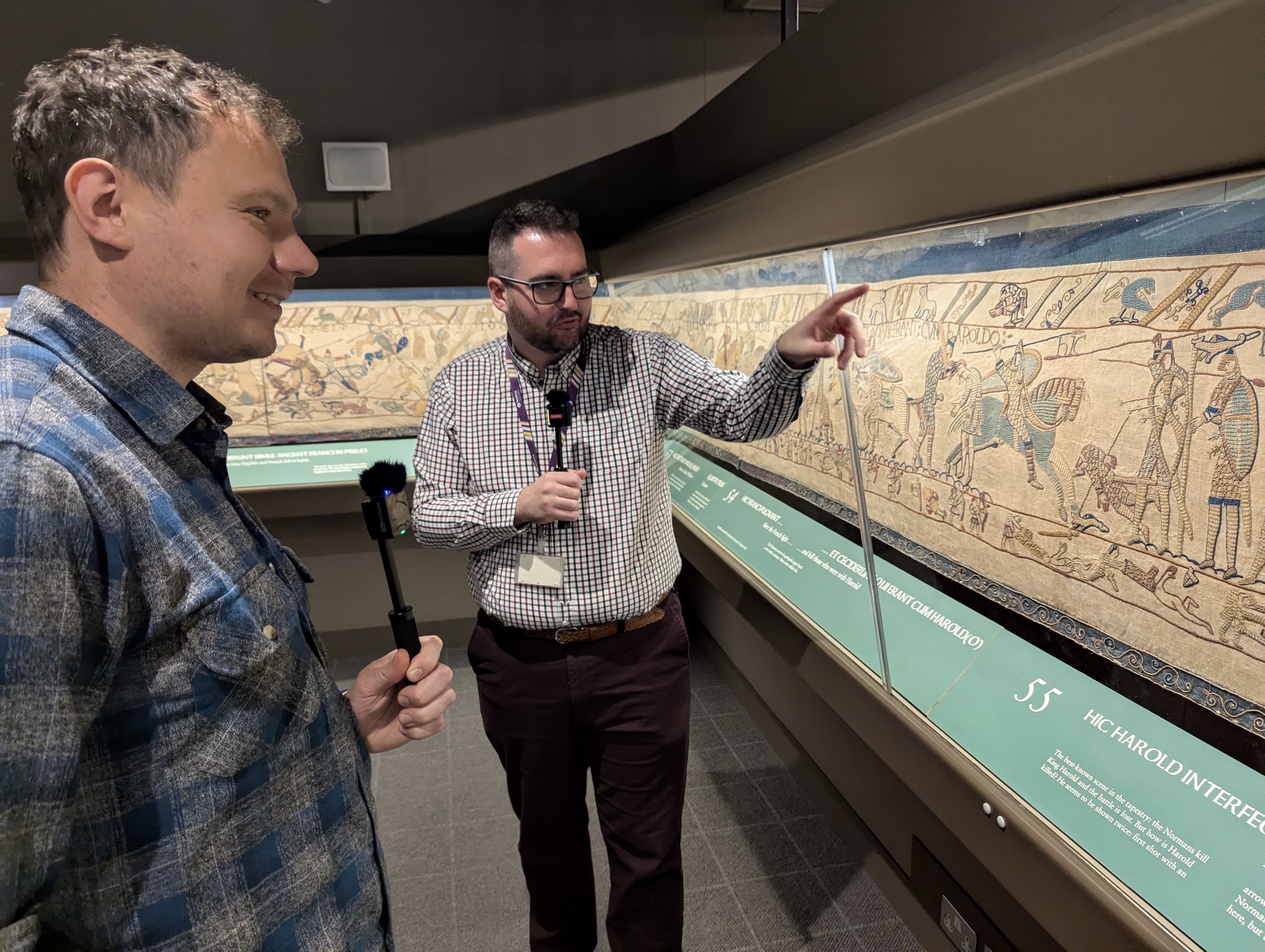 Chris Barker visiting Reading Museum and viewing the Bayeux Tapestry replica