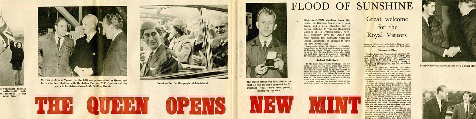 A partial image of a news paper front page from 1968 with the headline 'The Queen Opens The Royal Mint