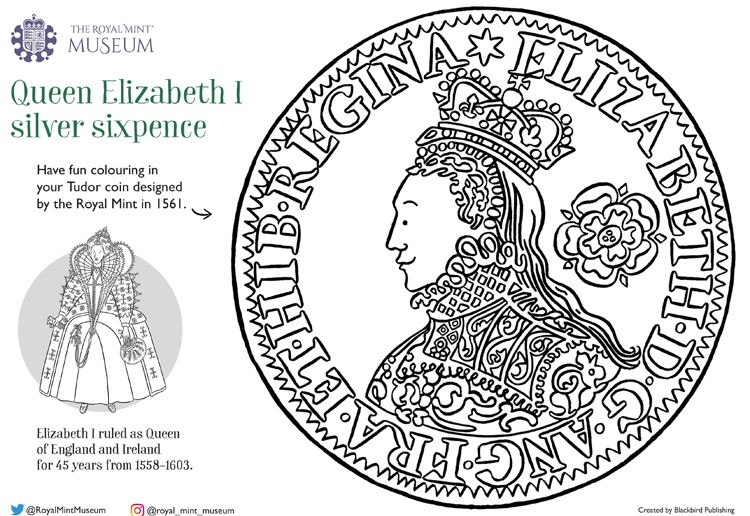 ROYAL MINT MUSEUM Colouring sheet Queen Elizabeth I silver sixpence.jpg
