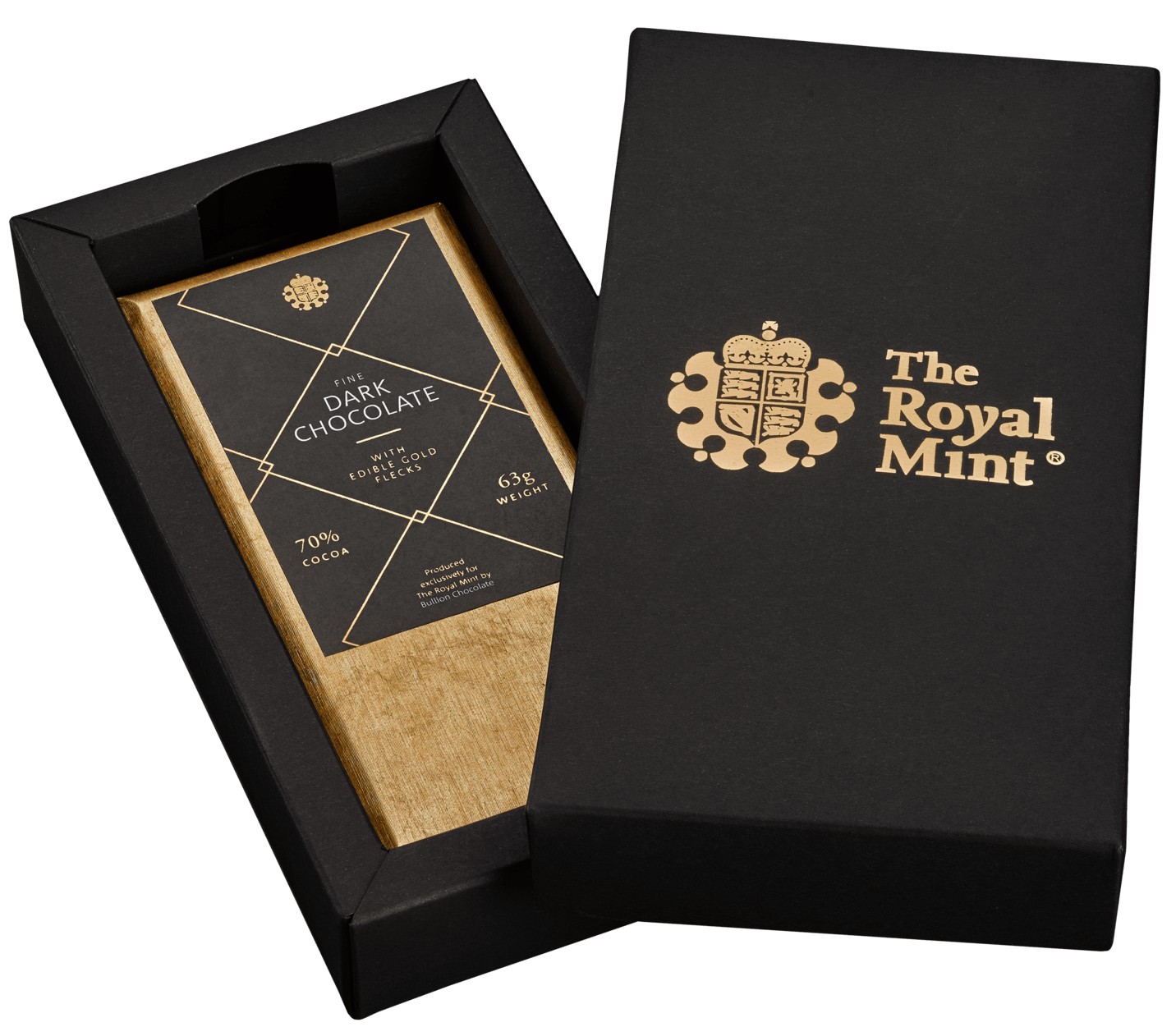 A bar of chocolate in a gold wrapper inside a box with the Royal Mint logo