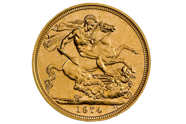 A 1974 sovereign, which is a round gold coin. The design depicts St George in battle with a Dragon