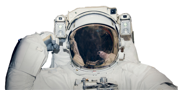 An astronaut in a helmet looks directly at the camera