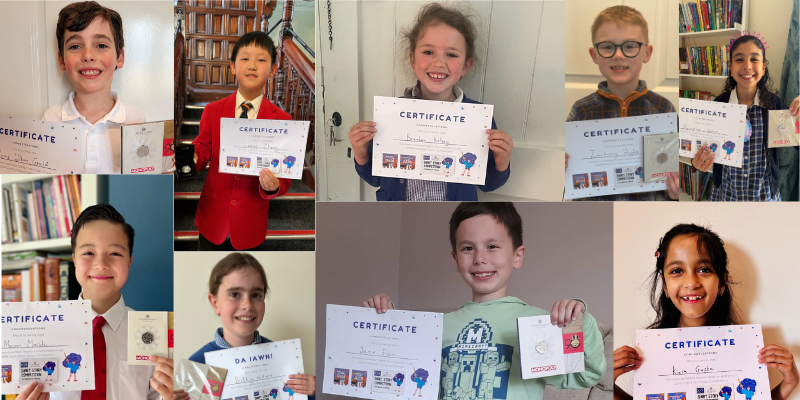 Photographs of the Royal Mint Museum Short Story competition winners holding their certificates and coins.