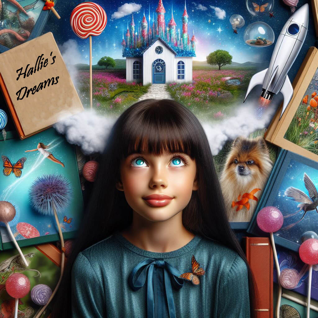 A little girl with sweets, rockets, dogs and more behind her