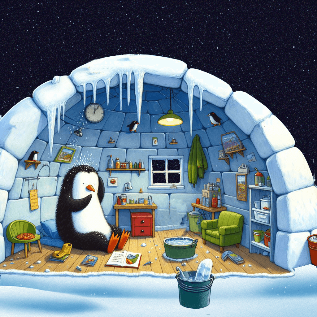 An animated penguin in an igloo