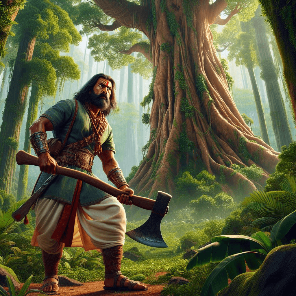 A man with an axe next to a tree