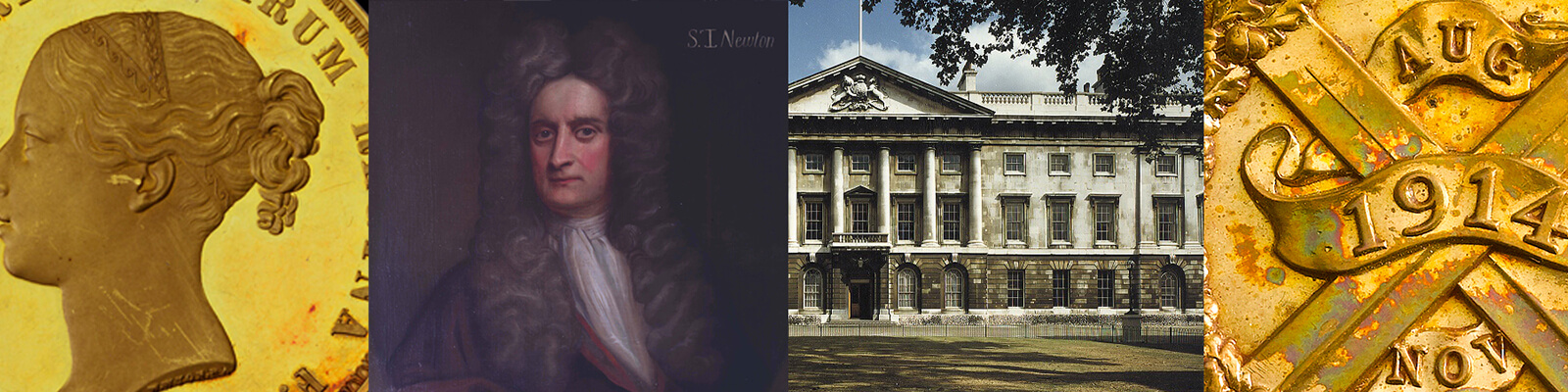 A series of images including, a gold coin from the reign of Queen Victoria, a painting of Isaac Newton, a photograph of the Royal Mint building in London and a close up of a campaign medal