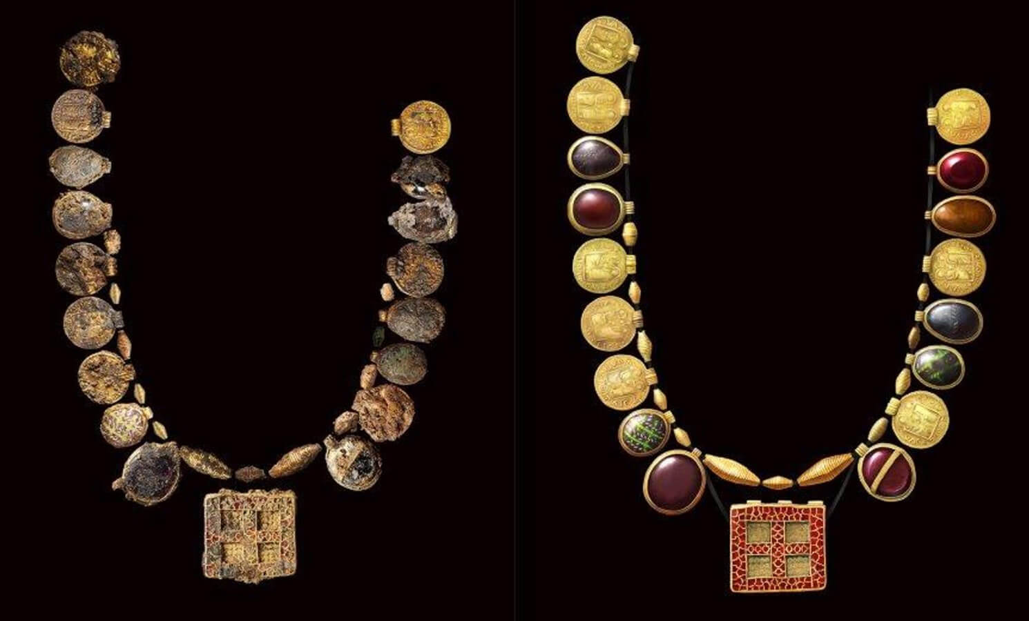 Two necklaces side by side. The left is the original anglo-saxon gold necklace found in a bed burial. The right is a reconstruction of what it originally looked like. Copyright MOLA