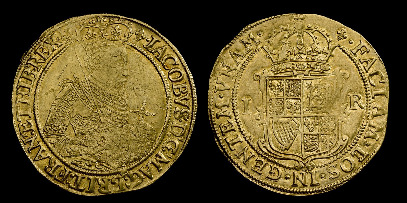 A large gold coin. James I unite