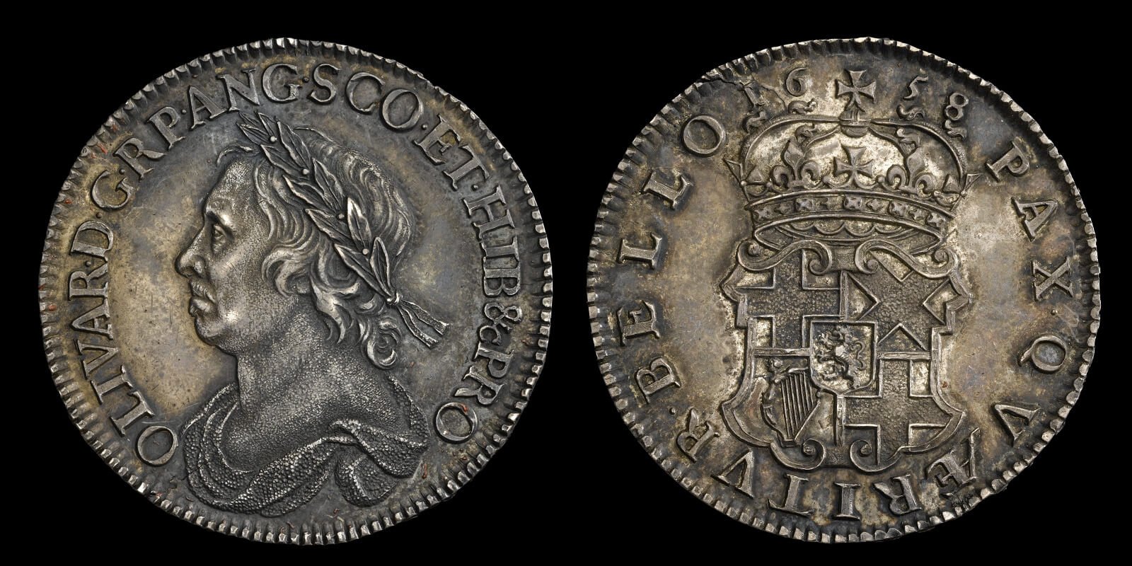 Oliver Cromwell silver crown. A large silver coin with the portrait of Oliver Cromwell on the obverse