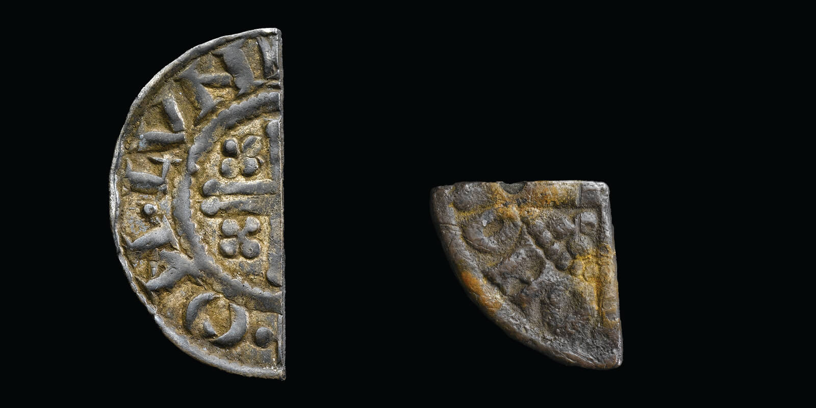 Silver coins cut in half and into quarters